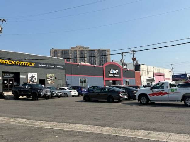 Hybrid strip mall of warehousing and retail in Bailey's Crossroads, VA
